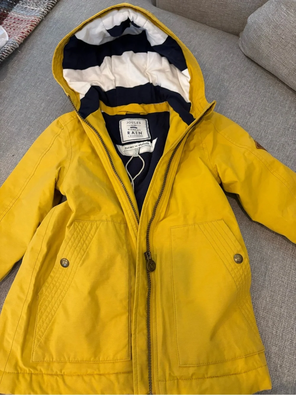 Joules Bright Yellow Hooded Raincoat with Striped Lining